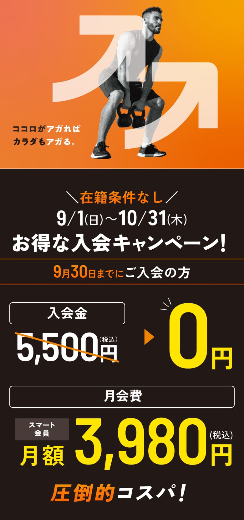 在籍条件なしだから、“はじめて”の不安も心配なし お得な入会キャンペーン！ 9月30日までにご入会の方 入会金 5,500円（税込）→0円 月会費 スマート会員 月額3,980円（税込） 圧倒的コスパ！