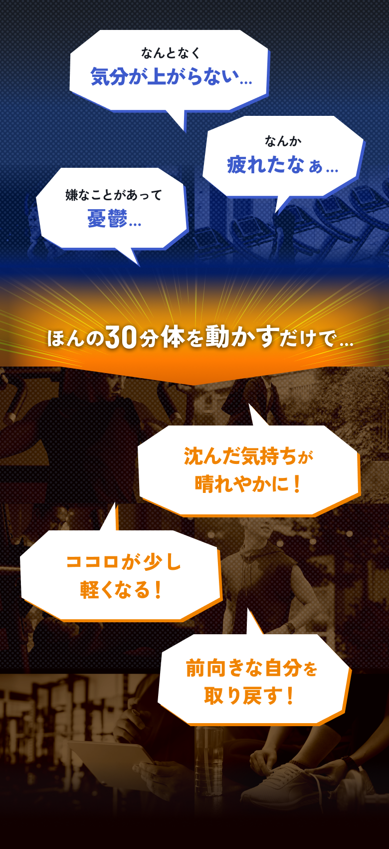 嫌なことがあって憂鬱… なんとなく気分が上がらない… なんか疲れたなぁ… ほんの30分体を動かすだけで… ココロが少し軽くなる！ 前向きな自分を取り戻す！ 沈んだ気持ちが晴れやかに！